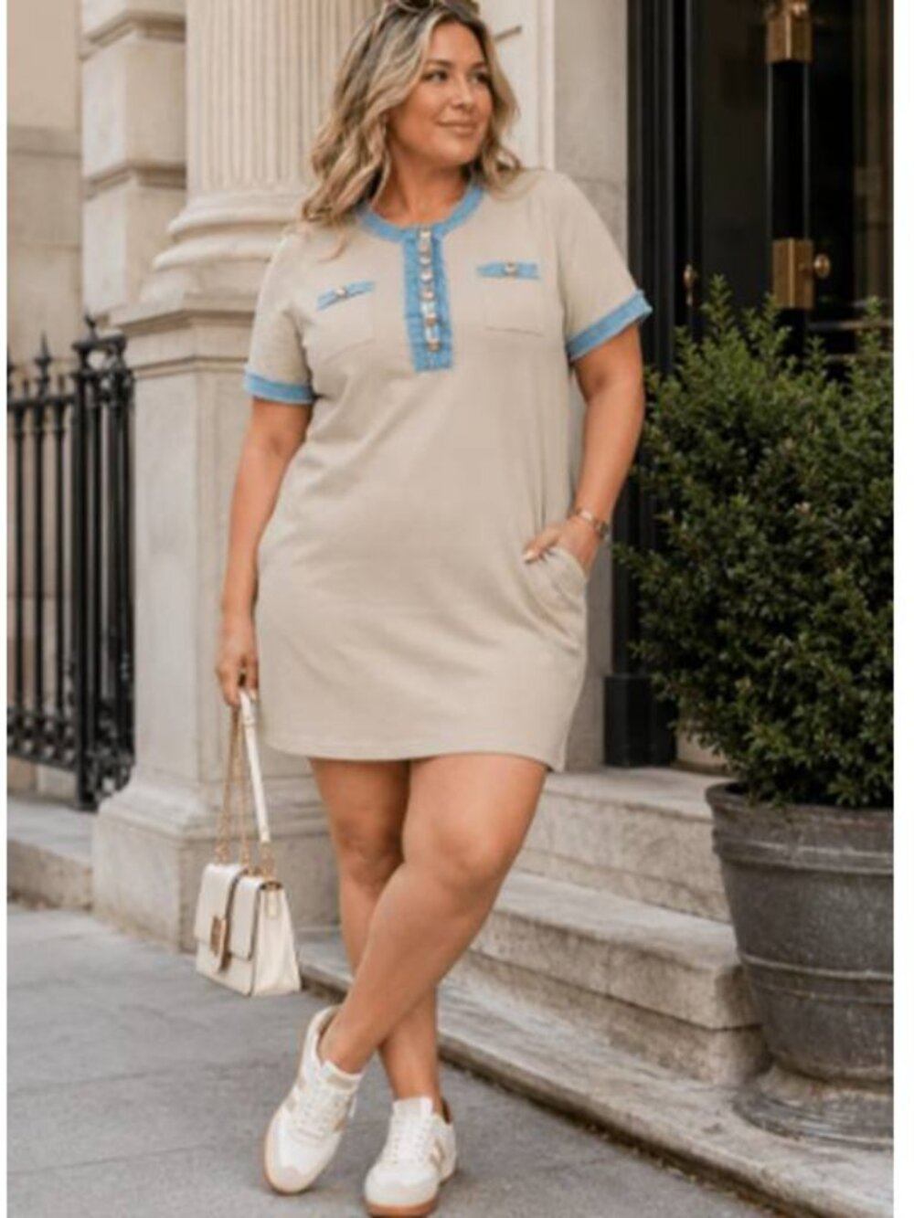 LA DIOSA Women's Stretch Cotton Knit Mini Shirt Dress Side Pockets Classic Beige